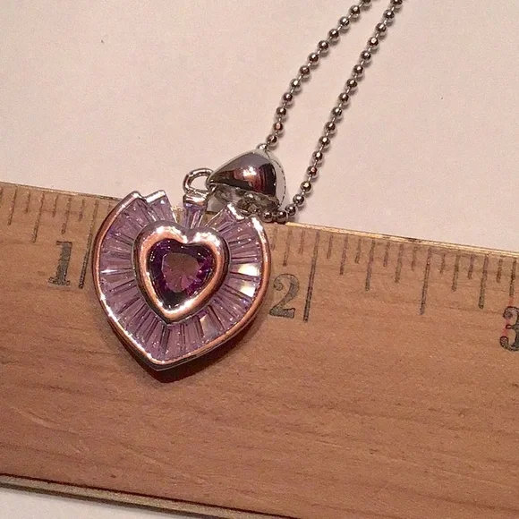 New Heart Necklace/Earring Silver tone rhodium plated. Lilac & Amethyst CZ’S - Picture 3 of 7